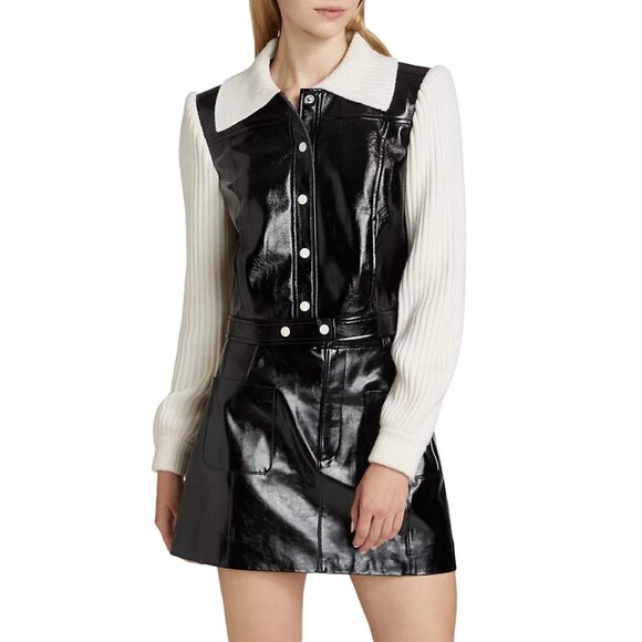 NEW Cinq a Sept Size M Ciara Patent Leather Mixed-Media Jacket - Black/Ivory - Picture 3 of 7